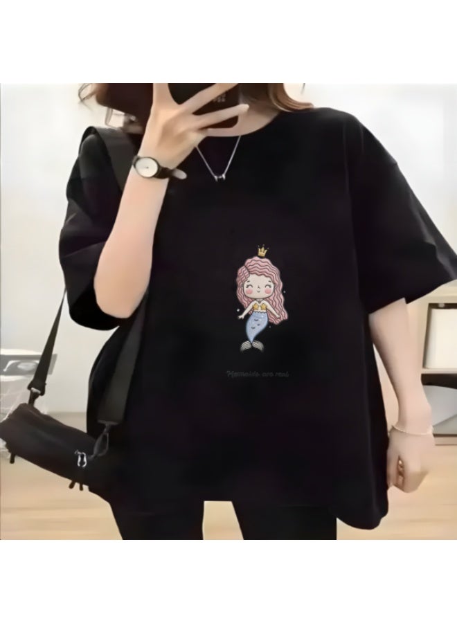 Women's Fashion Pure Cotton Breathable Printed T-Shirt, Loose Fit, Black - Image 2