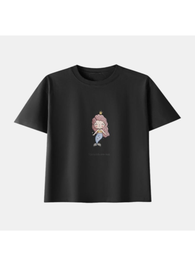 Women's Fashion Pure Cotton Breathable Printed T-Shirt, Loose Fit, Black - Image 1