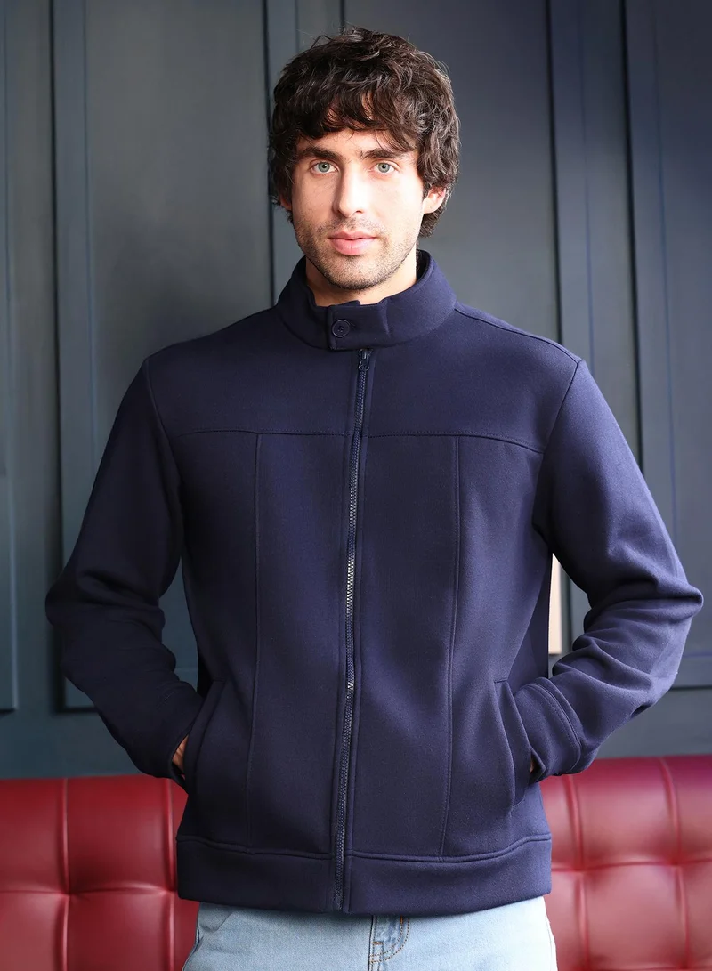 كامبوس سوترا كنزة رجالية محبوكة بياقة عالية وأكمام طويلة مضلعة وسحاب نصفي وحافة مستقيمة مضلعة بلون سادة من قماش محبوك للاستخدام اليومي والكاجوال باللون الكحلي