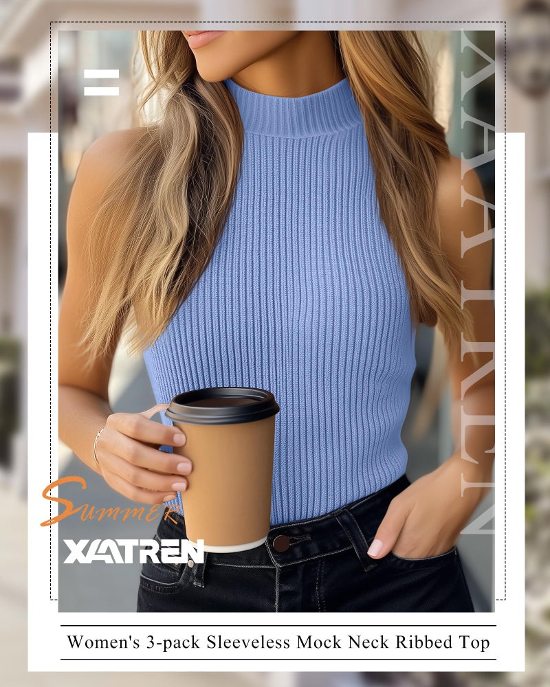 Xaatren 3 Pack Women's Sleeveless Mock Turtlenecks Shirts, Ribbed Stretch Slim Fitted Tank Top Basic Lightweight Bustier Tee(Blue, Burgundy, Pink,Small) - Image 3