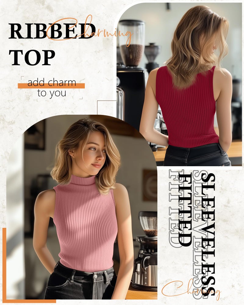 Xaatren 3 Pack Women's Sleeveless Mock Turtlenecks Shirts, Ribbed Stretch Slim Fitted Tank Top Basic Lightweight Bustier Tee(Blue, Burgundy, Pink,Small) - Image 4