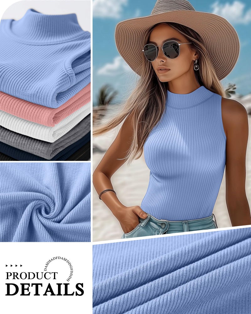 Xaatren 3 Pack Women's Sleeveless Mock Turtlenecks Shirts, Ribbed Stretch Slim Fitted Tank Top Basic Lightweight Bustier Tee(Blue, Burgundy, Pink,Small) - Image 2