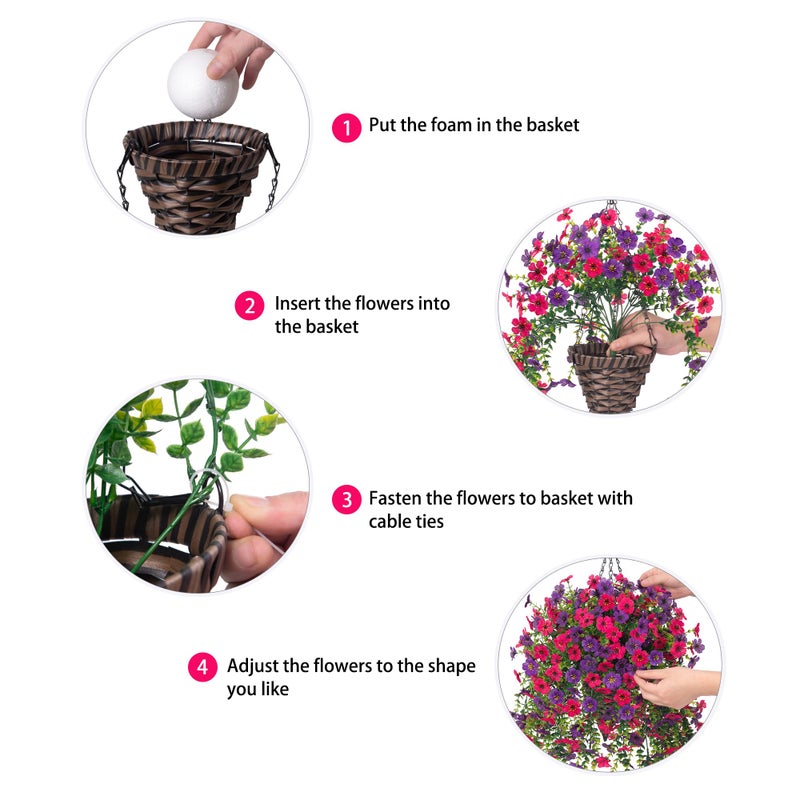 HyeFlora Artificial Hanging Flowers Basket for Outdoor, Fake Flowers Faux Plants Look Real for Yard Gardens Porch Patio Home (Darkpurple+Hotpink) - Image 5