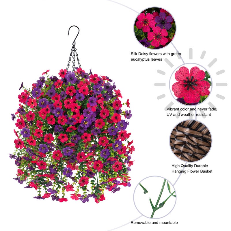 HyeFlora Artificial Hanging Flowers Basket for Outdoor, Fake Flowers Faux Plants Look Real for Yard Gardens Porch Patio Home (Darkpurple+Hotpink) - Image 2