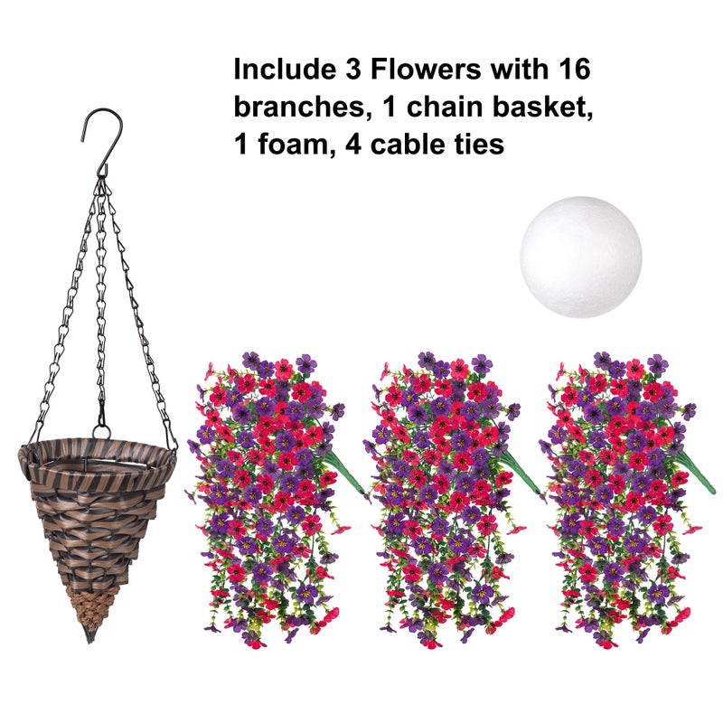 HyeFlora Artificial Hanging Flowers Basket for Outdoor, Fake Flowers Faux Plants Look Real for Yard Gardens Porch Patio Home (Darkpurple+Hotpink) - Image 3