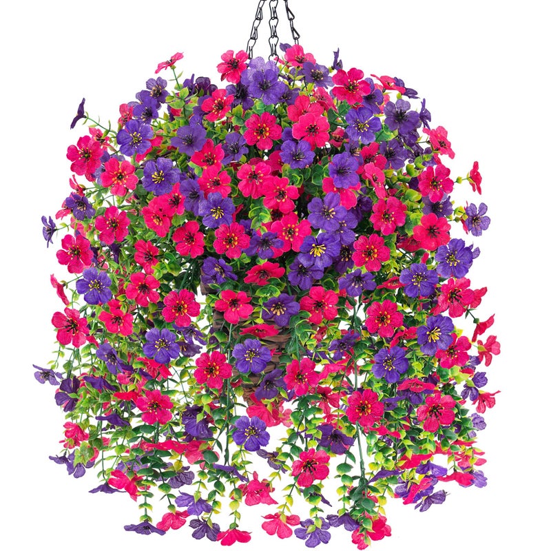 HyeFlora Artificial Hanging Flowers Basket for Outdoor, Fake Flowers Faux Plants Look Real for Yard Gardens Porch Patio Home (Darkpurple+Hotpink) - Image 1