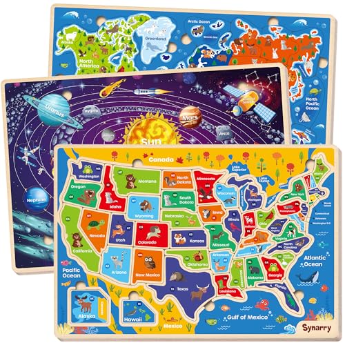 SYNARRY Large USA World Solar System Wooden Puzzles for Kids Ages 46 Wood Jigsaw Puzzles Educational Games Toys Gifts for Toddlers Learning United States World Space Maps for Boys Girls Ages 38 - Image 1