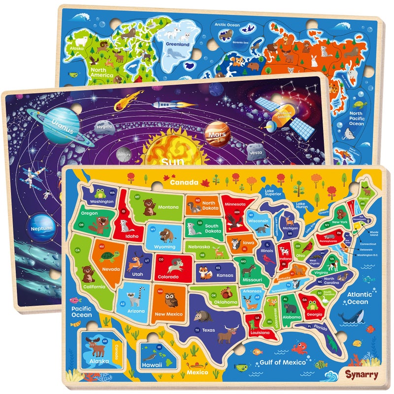 SYNARRY Large USA World Solar System Wooden Puzzles for Kids Ages 46 Wood Jigsaw Puzzles Educational Games Toys Gifts for Toddlers Learning United States World Space Maps for Boys Girls Ages 38 - Image 3
