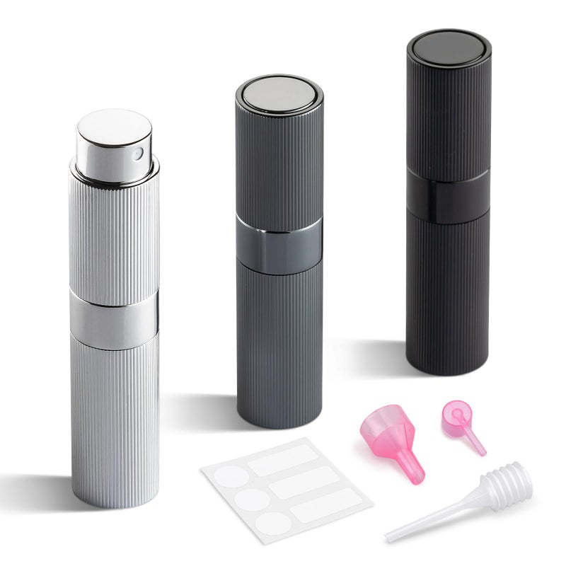 LISAPACK Perfume Travel Refillable Bottle - Atomizer Cologne Spray for Men Portable - Mini Sprayer Empty for Refill - Small Size 8ML Striped (Grey, Black, Silver) - Image 1