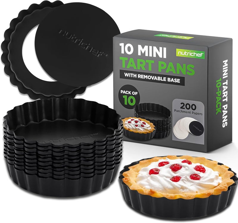 NutriChef 10-Piece Nonstick Mini Tart Pans with Removable Bottom - Heavy Duty 4 Inch Steel Quiche Pans, Oven & Dishwasher Safe, Fluted Side for Sweet & Savory Foods - Includes 200pcs Parchment Paper - Image 1