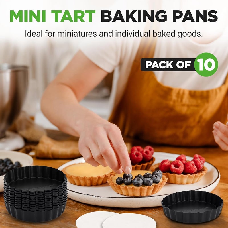 NutriChef 10-Piece Nonstick Mini Tart Pans with Removable Bottom - Heavy Duty 4 Inch Steel Quiche Pans, Oven & Dishwasher Safe, Fluted Side for Sweet & Savory Foods - Includes 200pcs Parchment Paper - Image 2