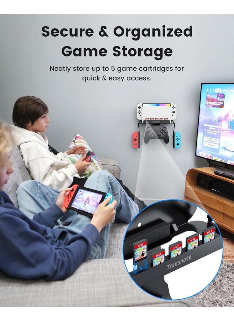 Transnovo Wall Mount Dock Holder Compatible with Switch 2/OLED/Switch, Space-Saving Console Storage Near/Behind TV, Metal Bracket with Hook for Hanging Joycons/Pro Controller and 5 Game Card Slots  - Image 4