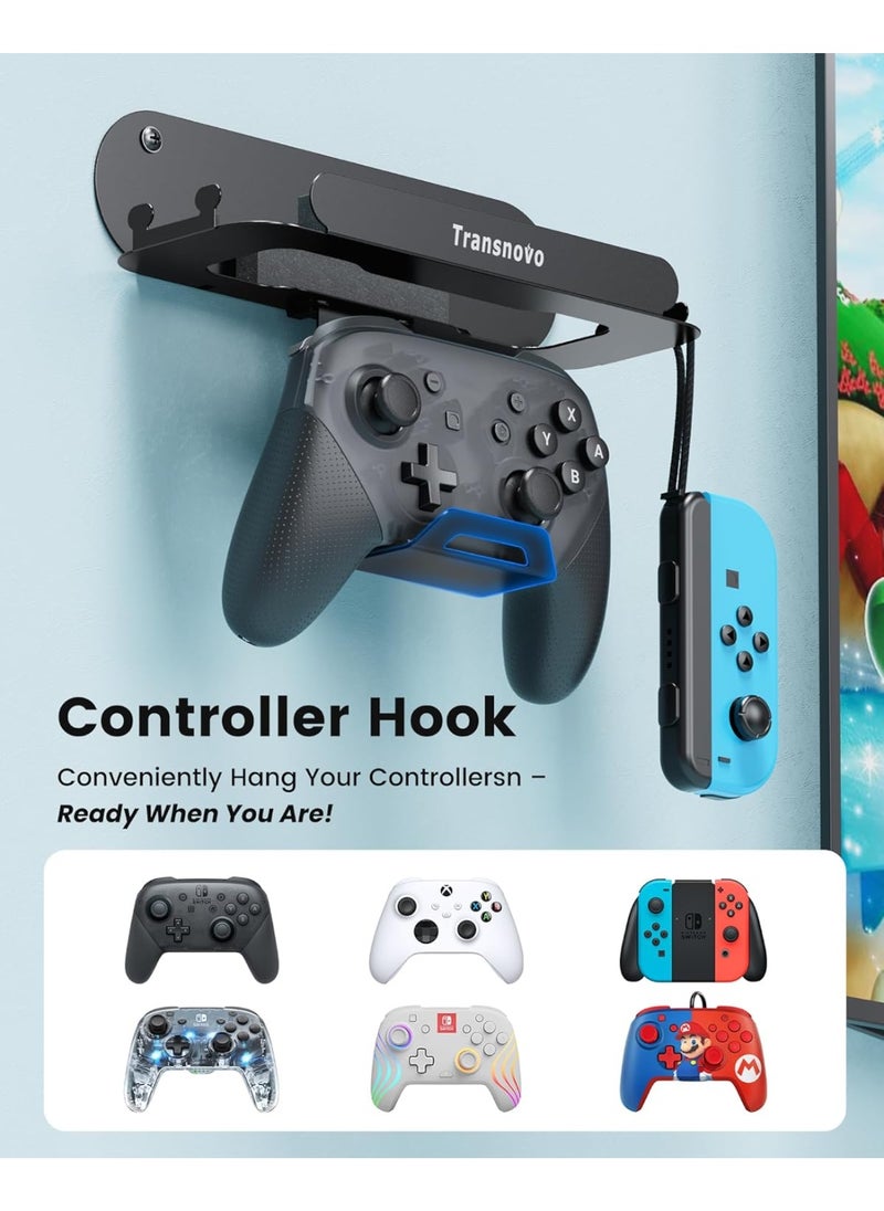 Transnovo Wall Mount Dock Holder Compatible with Switch 2/OLED/Switch, Space-Saving Console Storage Near/Behind TV, Metal Bracket with Hook for Hanging Joycons/Pro Controller and 5 Game Card Slots  - Image 3