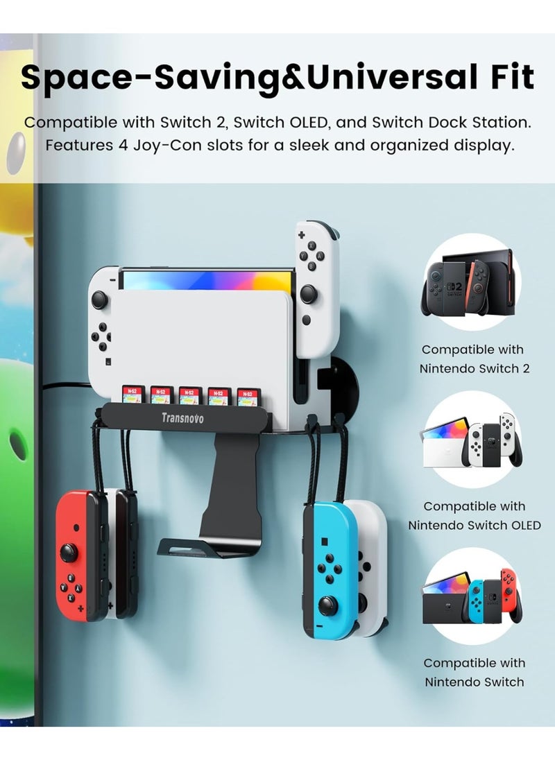 Transnovo Wall Mount Dock Holder Compatible with Switch 2/OLED/Switch, Space-Saving Console Storage Near/Behind TV, Metal Bracket with Hook for Hanging Joycons/Pro Controller and 5 Game Card Slots  - Image 2