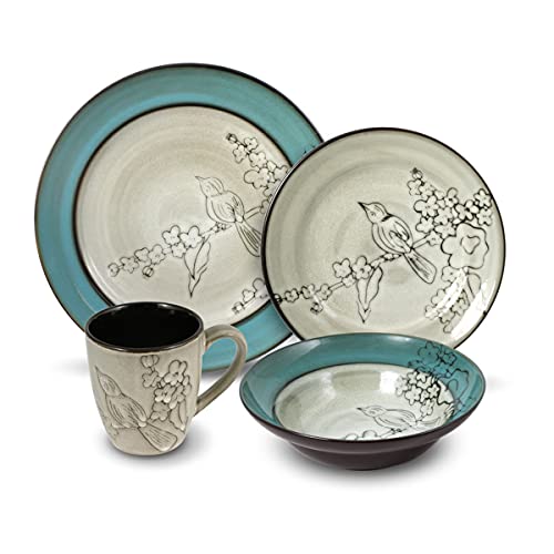 Gourmet Basics Song Bird Dinnerware Set 16 Piece Green Gray - Image 1