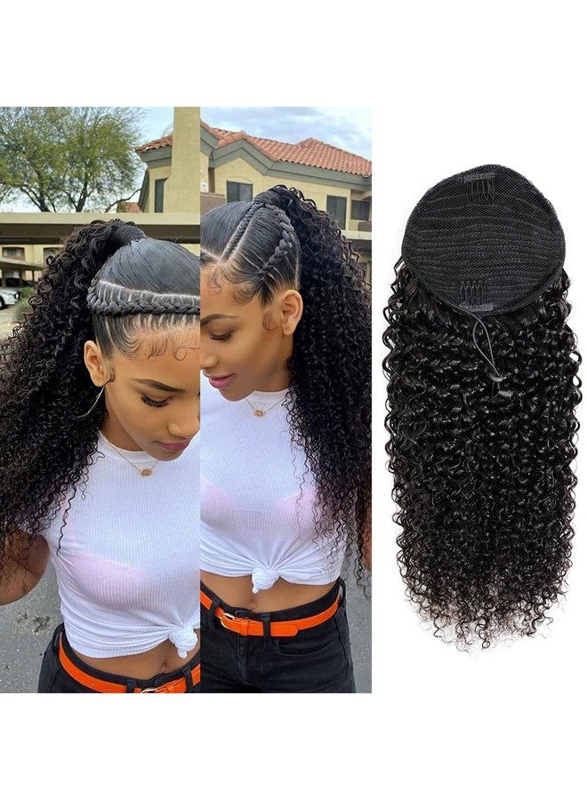Adette 14 Inches Curly Ponytails Human Hair Drawstring Ponytail Extension Afro Kinky Curly Clip in Pony Tail Hair Extensions Hair Pieces for Black Women Natural Black - Image 1
