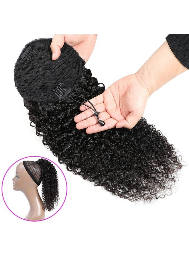 Adette 14 Inches Curly Ponytails Human Hair Drawstring Ponytail Extension Afro Kinky Curly Clip in Pony Tail Hair Extensions Hair Pieces for Black Women Natural Black - Image 3