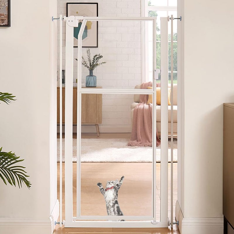 unipaws 56" Extra Tall Pet Gate, Clear Transparent Tall Cat Gate, 29.5-33.5" Wide No Drilling Pressure Mounted Dog Gate for Doorway, Hallway, Stairs, White - Image 1