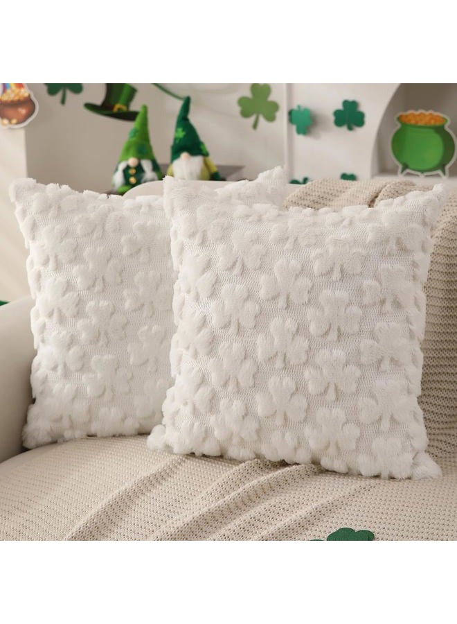 DFXSZ St Patricks Day Pillow Covers 18x18 inch Set of 2 St Patricks Day Decorations Cream White Shamrock Soft Plush Faux Fur Jacquard Throw Pillows for Sofa Holiday Festivals Home Decor PTK021B18 - Image 1