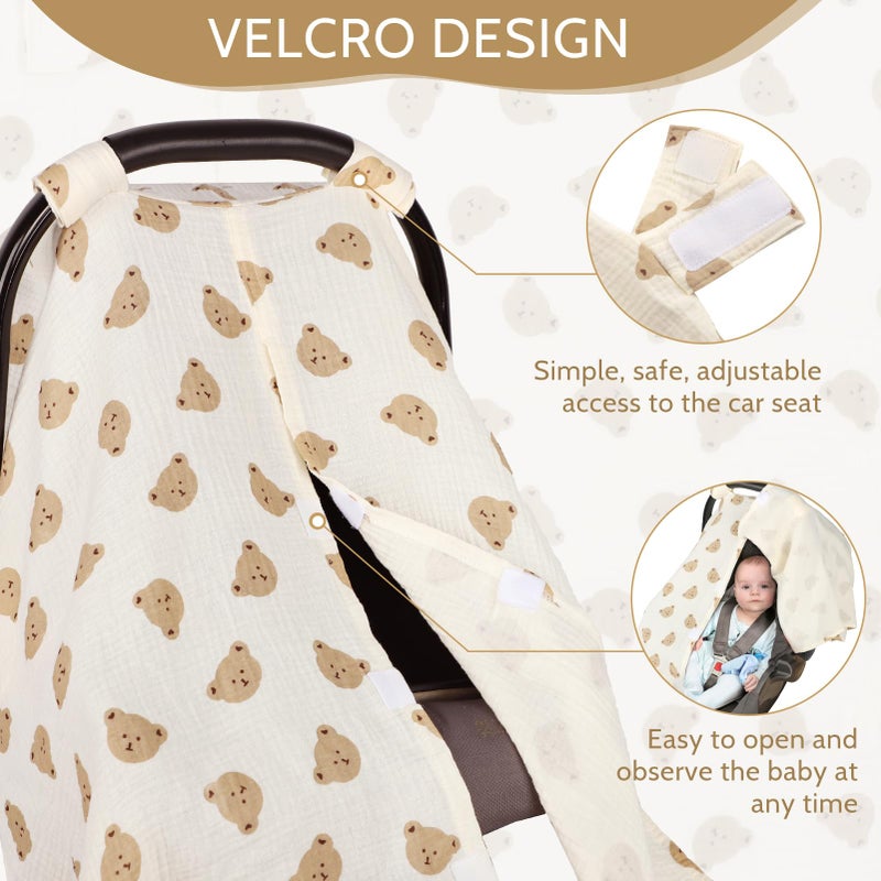 Jundetye Car Seat Cover Baby Girls Boys, Summer Cotton Baby Car Seat Cover for Carseat, Comfortable Muslin Nursing Cover, Soft Baby Blanket, Breathable Lightweight Infant Stroller Canopy, Cute Bear - Image 4