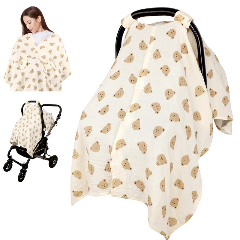 Jundetye Car Seat Cover Baby Girls Boys, Summer Cotton Baby Car Seat Cover for Carseat, Comfortable Muslin Nursing Cover, Soft Baby Blanket, Breathable Lightweight Infant Stroller Canopy, Cute Bear - Image 1