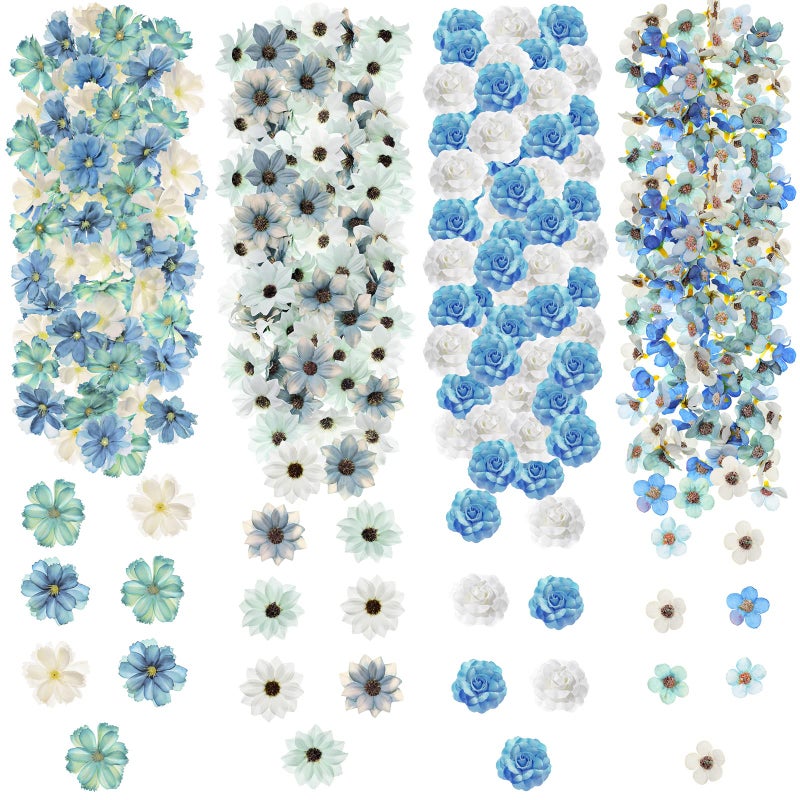 Cindeer 217 Pcs Mini Fake Heads Flowers Bulk Craft Fake Rose Daisy Heads Small Silk Artificial Flowers for Crafts Faux Decorations Flower for Art Crafts Wedding Party24 cmBlue Series