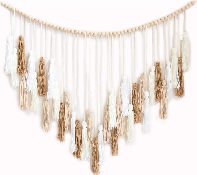 LARGE MACRAME WALL HANGING WITH WOOD BEADS BOHEMIAN WALL DECOR FOR BEDROOM LIVING ROOM AND KITCHEN CREAM AND BEIGE 35 X 36