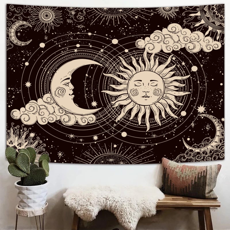 Wonrizon Sun and Moon Tapestry, Aesthetic Black Dark Spiritual Tapestries Mystic Burning Sun with Clouds Star Wall Hanging decor for Bedroom (51.2" x 59.1") - Image 2
