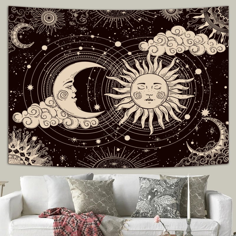 Wonrizon Sun and Moon Tapestry, Aesthetic Black Dark Spiritual Tapestries Mystic Burning Sun with Clouds Star Wall Hanging decor for Bedroom (51.2" x 59.1") - Image 4