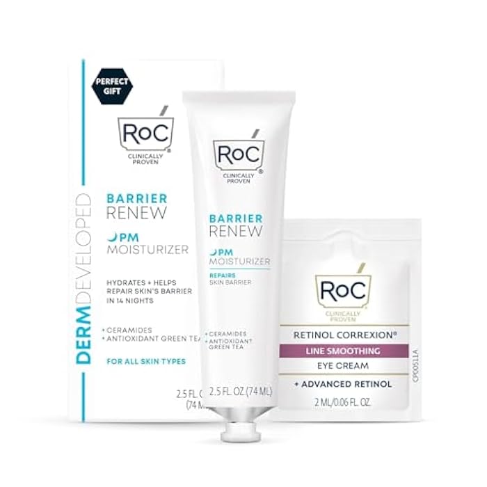 RoC Barrier Renew Night Moisturizer with Ceramides & Antioxidant Green Tea and Lipo Peptides to Renew Skin Barrier, (2.5 oz) with Retinol Eye Cream Packette - Image 1