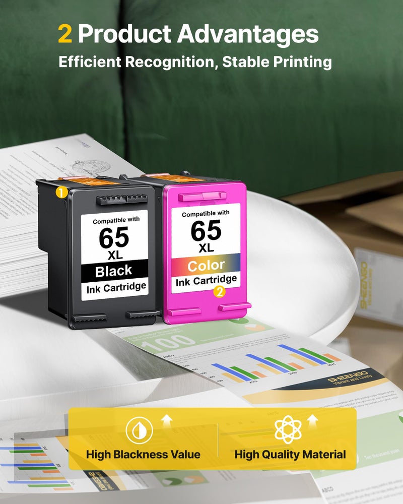 SHEENGO 65XL 65 Ink Cartridges Black/Tri-Color Combo Pack (2-Pack) | for HP Ink 65 65 XL | for HP Printers 3755 3772 3752, Deskjet 2622 2680 2600, Envy 5055 5058 5052 5014 5000 Series | N9K04AN, N9K03AN - Image 4