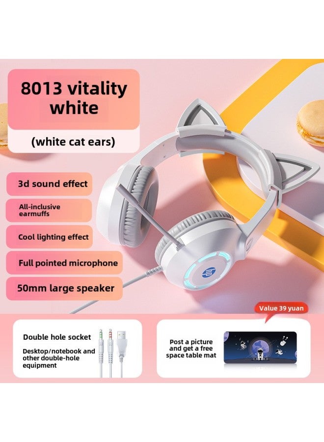 Headset Live Wired Game Desktop Computer Cat Ear Headset Electronic Competition Notebook-Color:Package 3 Plus Milk Tea Color Mouse Pad-vitality White [white Cat Ears]  - Image 1