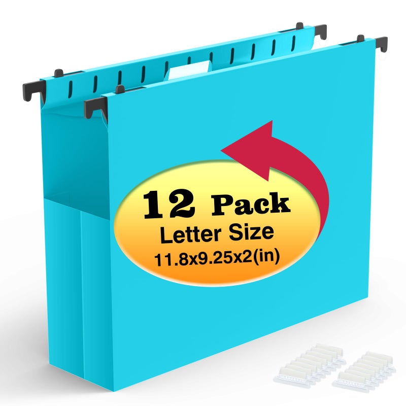 Shutex Extra Capacity Plastic Hanging File Folders,12 Pack Reinforced Expanding Hang Folder Letter Size,Accordian Pocket,Heavy Duty 2 Inch Expansion, Hard Hanging Folder Organizer for Office Home,Blue - Image 1
