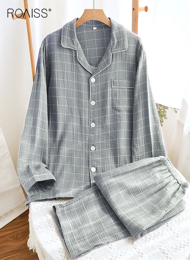 رويس مجموعة ملابس منزلية كبيرة الحجم للرجال من كارديجان مزدوج الطبقات من القطن بأكمام طويلة منقوش مع بنطلون فضفاض بأكمام طويلة للارتداء في المنزل غير الرسمي باللون الرمادي - Image 1