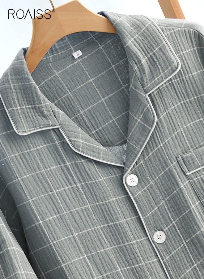 رويس مجموعة ملابس منزلية كبيرة الحجم للرجال من كارديجان مزدوج الطبقات من القطن بأكمام طويلة منقوش مع بنطلون فضفاض بأكمام طويلة للارتداء في المنزل غير الرسمي باللون الرمادي - Image 2