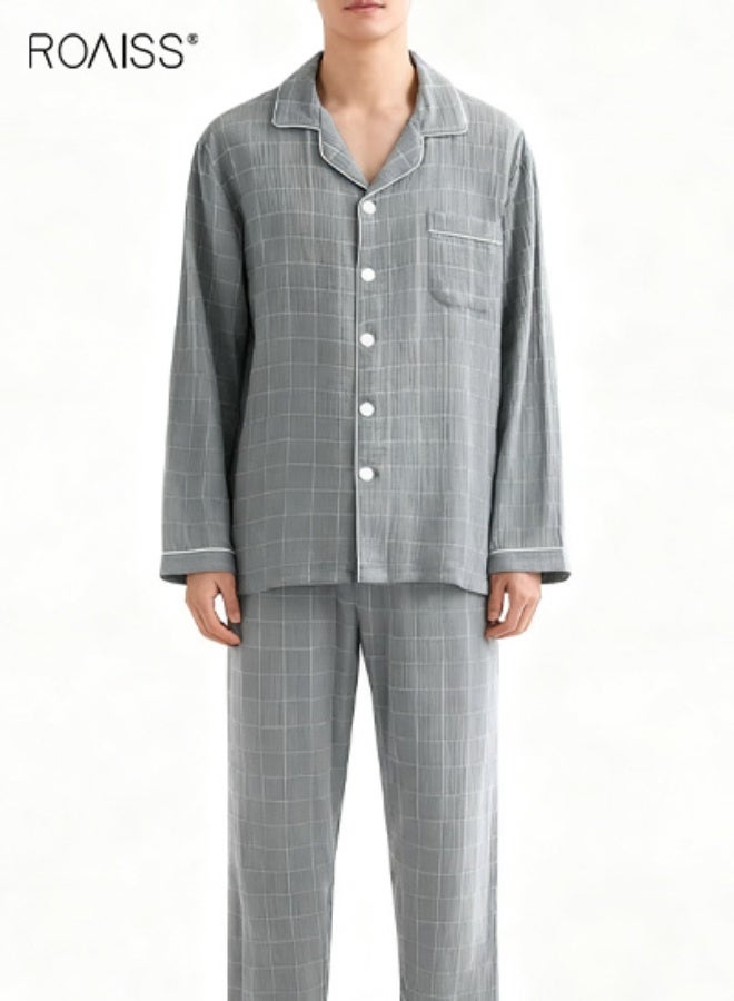 رويس مجموعة ملابس منزلية كبيرة الحجم للرجال من كارديجان مزدوج الطبقات من القطن بأكمام طويلة منقوش مع بنطلون فضفاض بأكمام طويلة للارتداء في المنزل غير الرسمي باللون الرمادي - Image 5