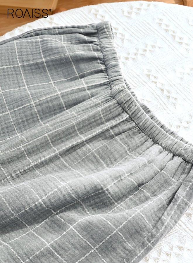 رويس مجموعة ملابس منزلية كبيرة الحجم للرجال من كارديجان مزدوج الطبقات من القطن بأكمام طويلة منقوش مع بنطلون فضفاض بأكمام طويلة للارتداء في المنزل غير الرسمي باللون الرمادي - Image 4