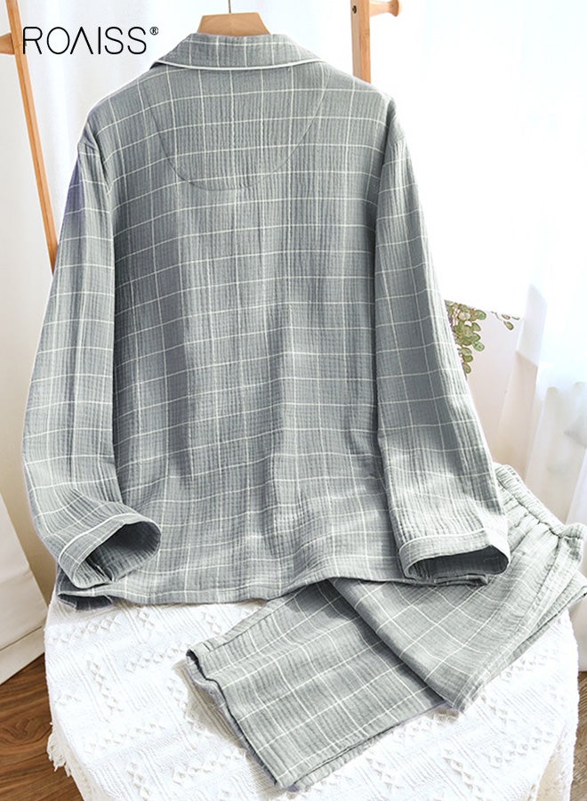 رويس مجموعة ملابس منزلية كبيرة الحجم للرجال من كارديجان مزدوج الطبقات من القطن بأكمام طويلة منقوش مع بنطلون فضفاض بأكمام طويلة للارتداء في المنزل غير الرسمي باللون الرمادي - Image 3