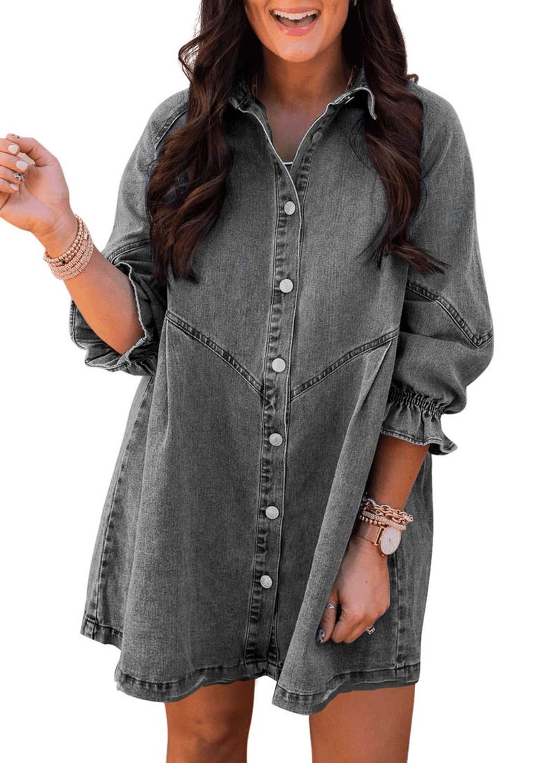 Sidefeel Womens Smocked 3 4 Sleeve Button Down Denim Jeans Dresses Small Gray - Image 1