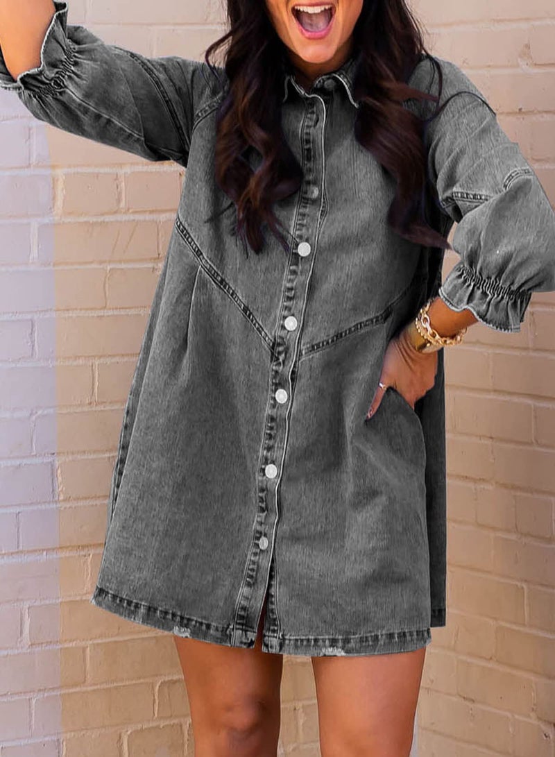 Sidefeel Womens Smocked 3 4 Sleeve Button Down Denim Jeans Dresses Small Gray - Image 4