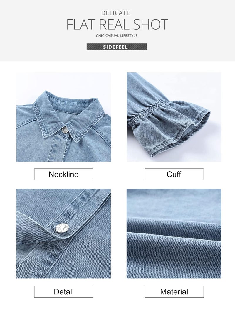 Sidefeel Womens Smocked 3 4 Sleeve Button Down Denim Jeans Dresses Small Gray - Image 5