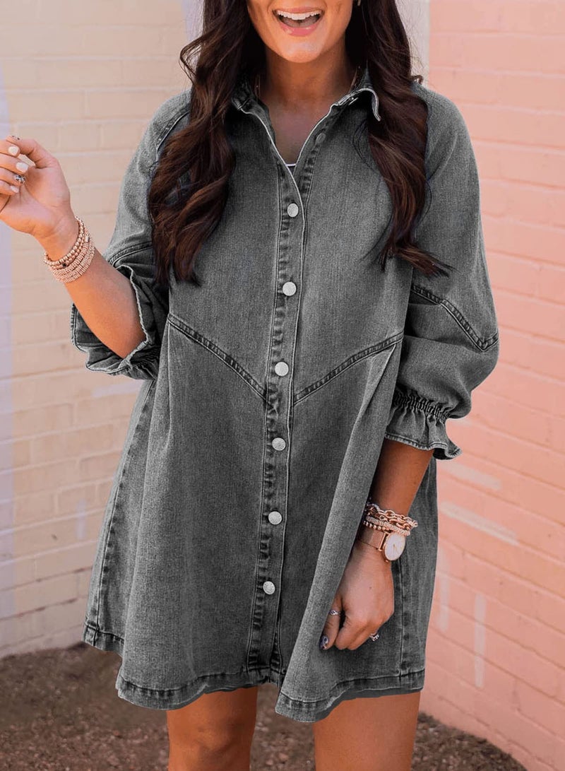 Sidefeel Womens Smocked 3 4 Sleeve Button Down Denim Jeans Dresses Small Gray - Image 2
