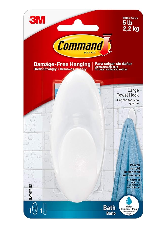 كوماند خطاف منشفة حمام كبير شفاف 1 خطاف سعة 5 رطل منظم بدون أضرار - Image 1