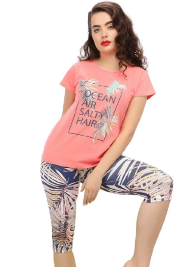 جنة بيجامة نوم نسائية باكمام قصيره وبنطلون برمودا مصنوعة من القطن