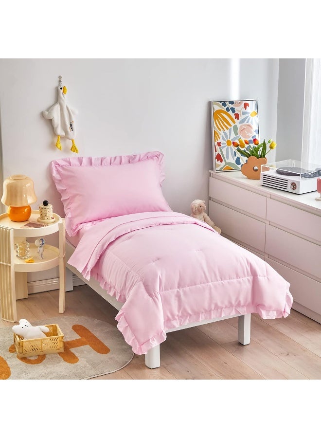 Uozzi Bedding UOZZI BEDDING 4 Pieces Pink Toddler Set with Ruffle Fringe, Solid Color Toddler Bed Set  - Image 1