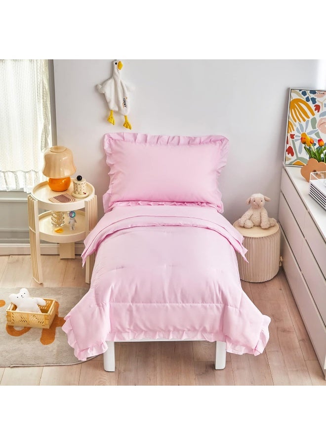 Uozzi Bedding UOZZI BEDDING 4 Pieces Pink Toddler Set with Ruffle Fringe, Solid Color Toddler Bed Set  - Image 3