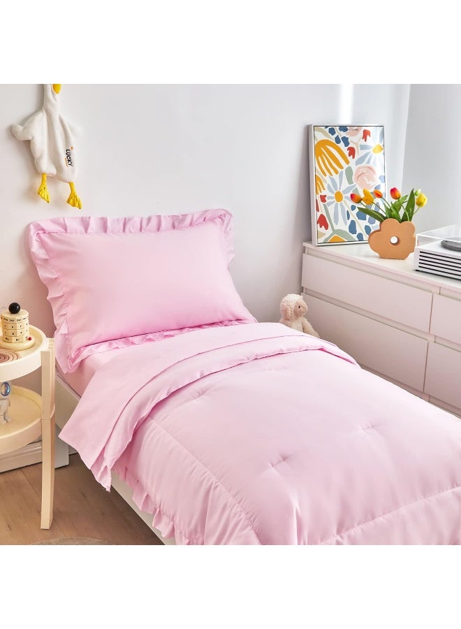Uozzi Bedding UOZZI BEDDING 4 Pieces Pink Toddler Set with Ruffle Fringe, Solid Color Toddler Bed Set  - Image 5