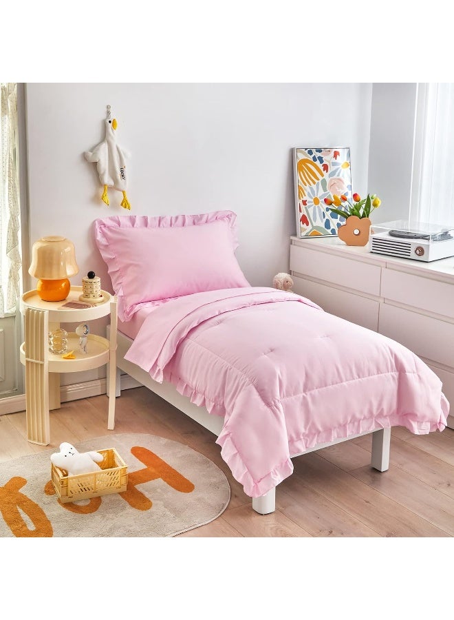 Uozzi Bedding UOZZI BEDDING 4 Pieces Pink Toddler Set with Ruffle Fringe, Solid Color Toddler Bed Set  - Image 4