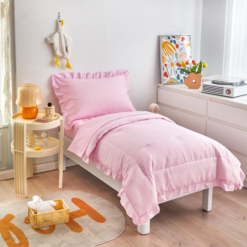 Uozzi Bedding 4 Pieces Pink Toddler Bedding Set with Ruffle Fringe, Solid Color Toddler Bed Set - 1 Toddler Comforter + 1 Fitted Sheet +1 Flat Sheet +1 Pillowcase for Baby Boys and Girls - Image 4