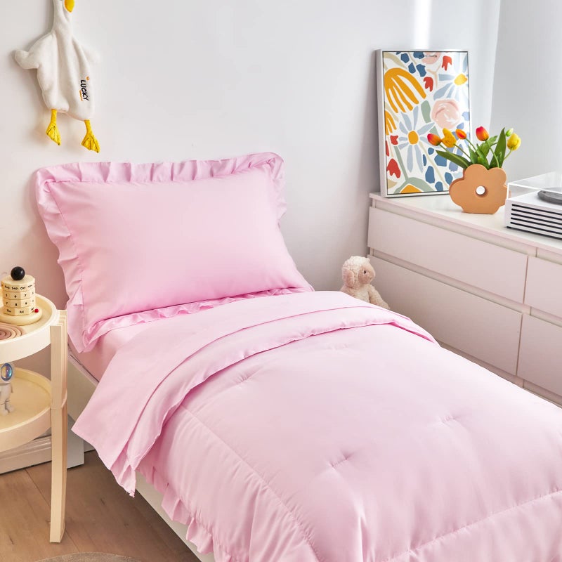 Uozzi Bedding 4 Pieces Pink Toddler Bedding Set with Ruffle Fringe, Solid Color Toddler Bed Set - 1 Toddler Comforter + 1 Fitted Sheet +1 Flat Sheet +1 Pillowcase for Baby Boys and Girls - Image 5